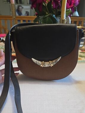 Stella & Dot Brown Woven Crossbody with Black Leather Flap and Ivory Accent